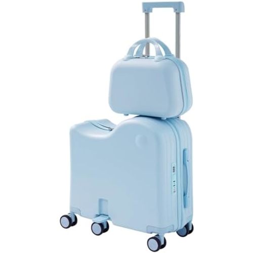 TABU Ride-on Luggage Set with Bag for Kids，Hardshell Carry On Suitcase with Hidden Cup Holder, Foldable Pedal,Type-C & USB Interface, 6-Spinner Wheels, TSA Lock, Blue
