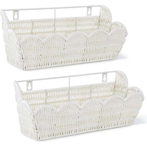 2 Pack Adhesive Plastic Wicker Hanging Storage Basket Scalloped Edge,White