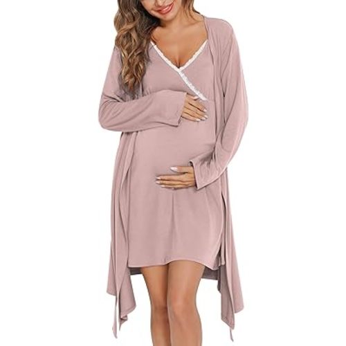 SWOMOG Womens Maternity Robe 2 Piece Nursing Nightgown for Breastfeeding 3 in 1 Labor Delivery Nursing Dress Lace Bathrobe