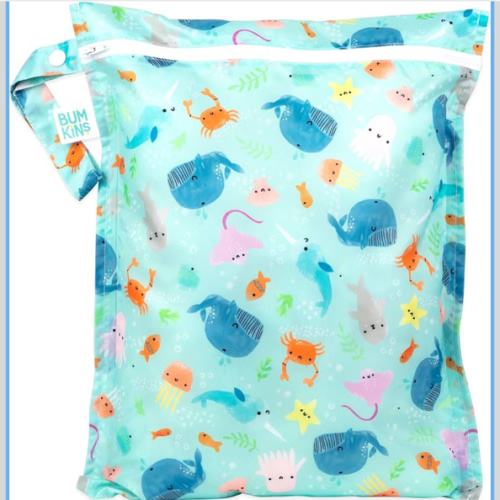 Bumkins Waterproof Wet Bag for Baby, Travel, Swim Suit, Cloth Diapers, Pump Parts, Pool, Beach, Gym Clothes, Toiletry, Hook to Stroller, Daycare, Zipper Reusable Wetdry Packing Pouch, Ocean Life Blue
