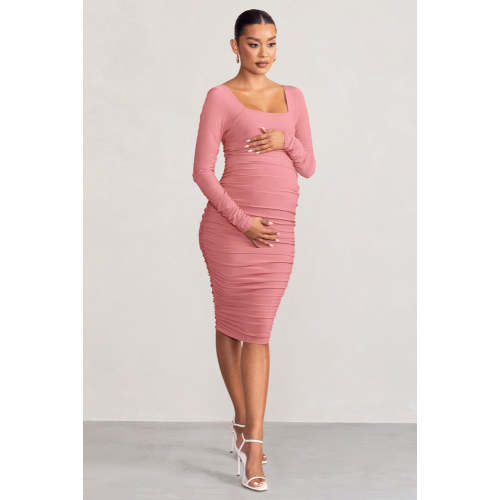 New Life | Pink Maternity Square Neck Ruched Midi Dress