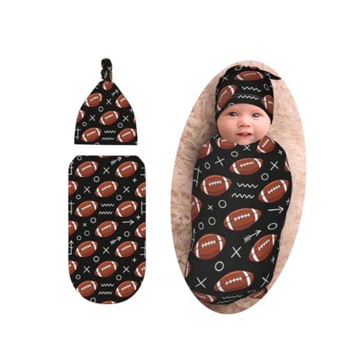 Football Baby Stuff Swaddle Blanket with Beanie Set, Soft Football Baby Blankets Newborn Swaddling for Girls Boys Gifts