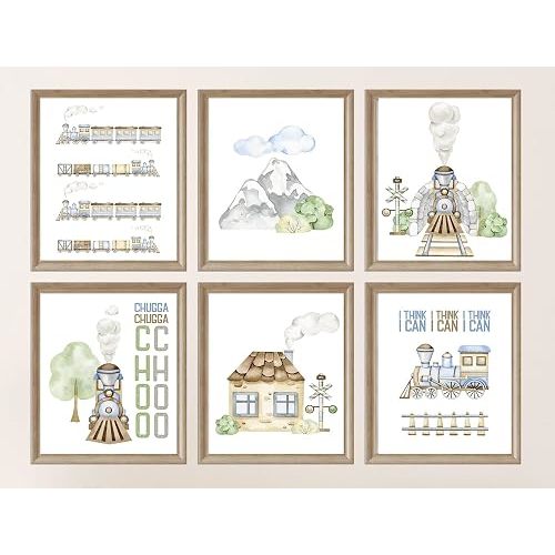 Silly Goose Gifts Choo Choo Train Themed Wall Art Prints (Set of 6) Hanging Picture Nursery Kids Room Decor 8x10in Soft Neutral Colors Green Grey Brown Blue Watercolor