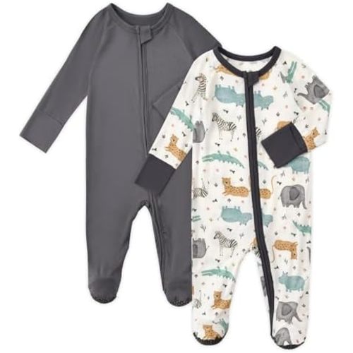 Aablexema Baby Footed Coverall Pajamas with Mittens Rayon from Bamboo 2pcs Newborn Infant 2-way Zipper Outfit
