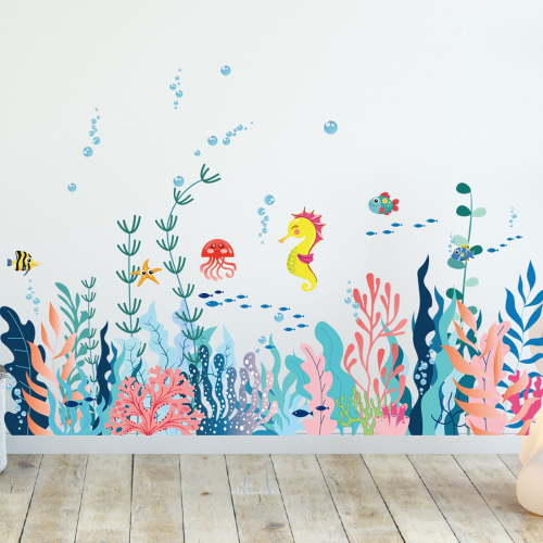 Giyblacko Wall stickers2 Sheets Large Under The Sea Wall Decals Ocean Creature Sea Life Stickers Removable Seaweed Sea Turtle Fish Ocean Grass Decor For Kids Baby Nursery Bedroom Playroom Bathr