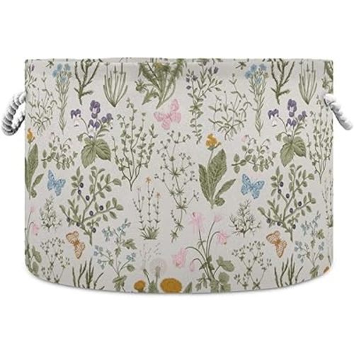 Flower Print Round Storage Basket Vintage Wildflower Large Laundry Hamper Green Botanical Floral 20 x 20 x 14 Inches Organizer Bin Blanket Storage Bag for Bedroom Nursery Living Room Decoration