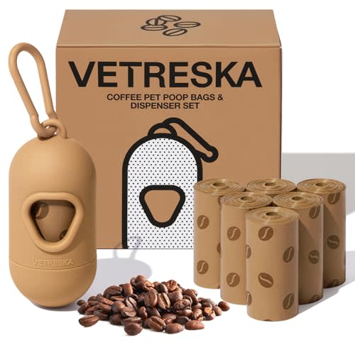 VETRESKA Dog Poop Bags Dispenser with Coffee Scented Waste Bags, 105 Counts | Leak Proof, Extra Thick & Strong Pet Waste Bags for Dogs and Cats, 1 Holder and 7 Rolls