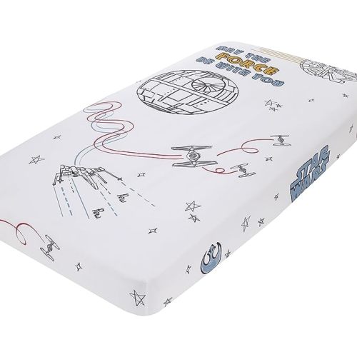 NoJo Star Wars May The Force Be with You White, Blue, and Gold Millennium Falcon and Death Star Photo Op Nursery Fitted Crib Sheet