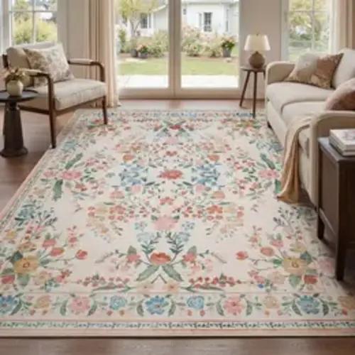 MontVoo Floral Pattern Decorative Rug Mat, Washable Bohemian Area Rug, Vintage Cottage Style, Non-Slip TPR Backing, Soft & Easy-to-Vacuum for Living Room and Bedroom summerwins,back to school,dorm essentials,home decor,home essentials,sohochic - TikTok Sh