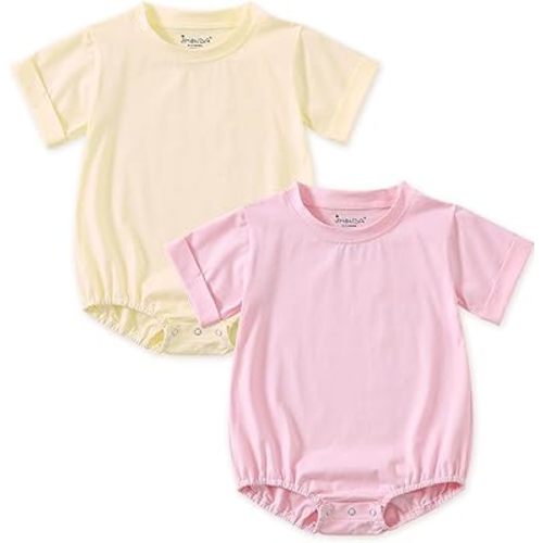 Jimonda Baby Bubble Rompers Boy Girl Solid Color T-Shirt Outfits Short Sleeve Button Bodysuit Cotton Tops Clothes 2Pcs