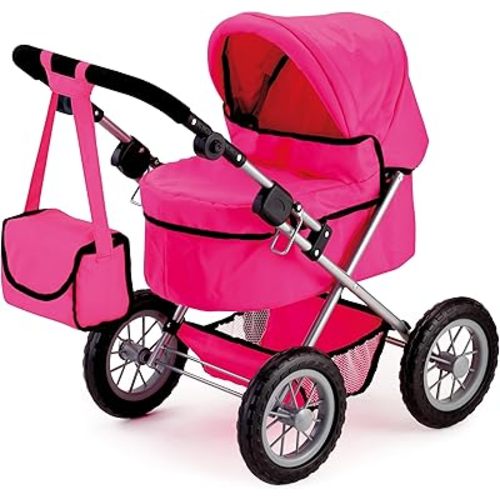Bayer Trendy Doll Stroller, Hot Pink Toy Carriage for Kids, Foldable with Shoulder Bag & Storage Basket