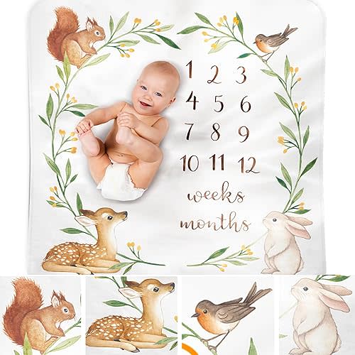 Bubzi Co Baby Monthly Milestone Blanket, Soft Woodland Photo Blanket for Baby Boy & Baby Girl, Nursery Bed Blanket, Newborn Essentials, Baby Registry Must Haves