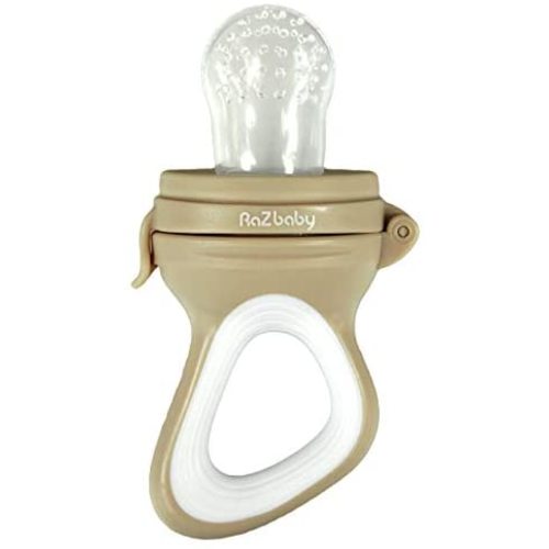 RaZbaby Baby Fruit Feeder/Food Feeder Pacifier, Infant Teething Toy Teether 6M+, Add Baby's Favorite Frozen Fruit or Fresh Food for Teething Relief, Silicone Pouch/Nipple, BPA Free, Tan