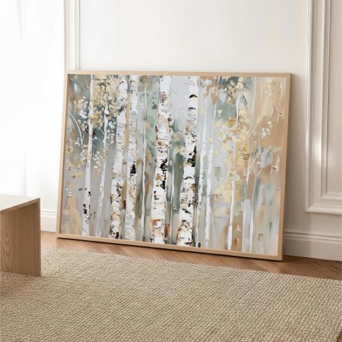 Large Aspen Tree Wall Art Landscape, Neutral Abstract Forest Canvas Print, Modern Nature Artwork, Green Beige Woodland Decor, Minimalist
