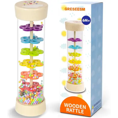 Rain Stick Montessori Baby Toys for 6-12 Months 1 Year Old, Wooden Rainmaker Infant Musical Sensory Toy, Baby Shower Gift for Newborn Toddler Boys Girls, 7.7"