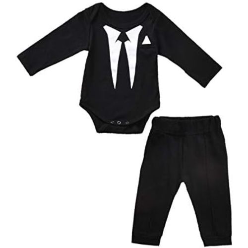 fioukiay Newborn Baby Boy's-Blazer-Tuxedo-Suits-Clothes 2pcs Long Sleeve Cotton Bodysuit and Pants Tie Gentleman Outfits Set