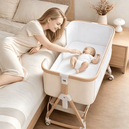 PRVAETU Baby Bassinet Bedside Sleeper, 6-Level Height Adjustable Bedside Crib with 360° Silent Lockable Wheels for Newborns Infants Boys Girls