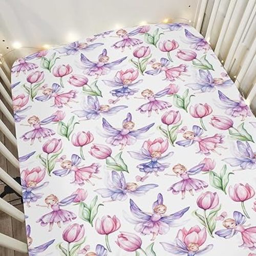 Cute Fairies Tulips Garden Baby Crib Sheets for Boy Girl 52x28Inch Fantasy Floral Soft Stretchy Fitted Crib Mattress Cover Whimsical Baby Sheet for Standard Crib & Toddler Bed Mattress