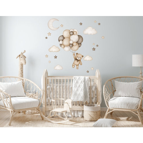 Teddy bear with air balloons, Nursery wall decal, Wall decal for kids, Watercolor animals wall decor, Baby girl wall sticker