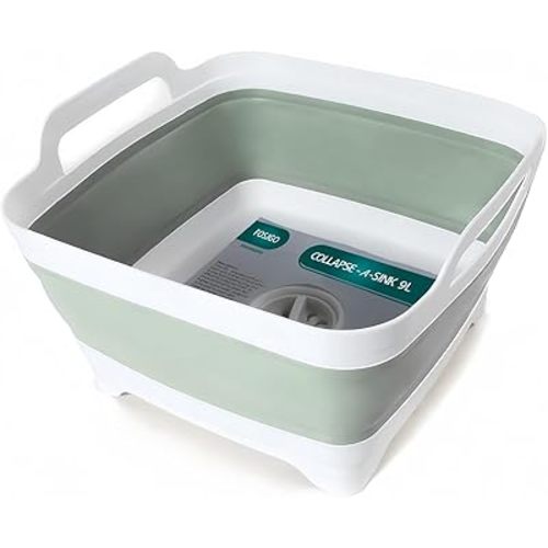 FOSJGO Collapsible Dish Basin with Drain Plug and Carry Handles - 9L Capacity, Portable Sink Tub for Camping and RV