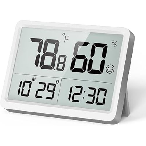 DOOMAY Digital Room Thermometer and Humidity Monitor with Calibration,High Accuracy Sensor Indoor Hygrometer with Date & Clock Desktop Magnet Sticky for Baby Room Greenhouse Guitar(White)