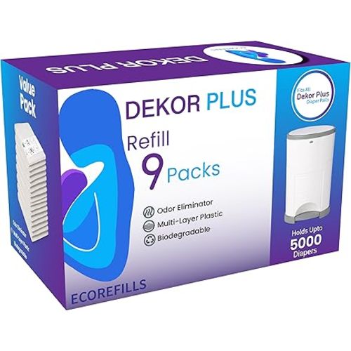 ECO-REFILLS Diaper Pail Refills - Fits Dekor PLUS Extra Thick, Powerful Odor Elimination & Fresh Powder Scent | Easy to Replace and Dispose of Diaper Bag (9 Count (Pack of 1))
