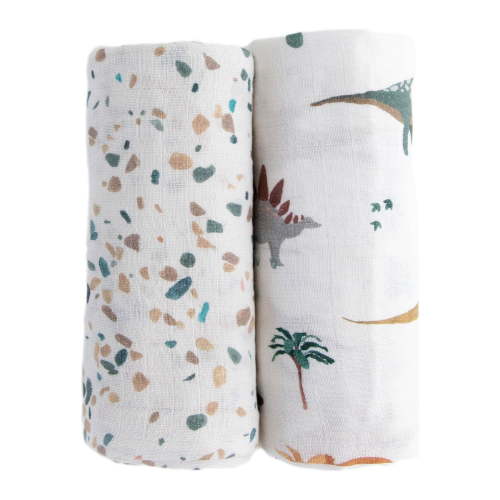 Red Rovr 100% Organic Cotton Muslin Swaddle Infant Blanket 2 Pk, Unisex, Dino Days