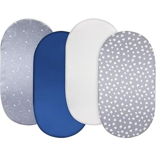 Breling 4 Pack Satin Bassinet Sheet Set for Baby Soft Silk Feeling Cradle Sheets for Oval Rectangle Hourglass Bassinet Mattress Pad Protect for Baby Hair Skin (Stars&Clouds&Moon,Gray/White/Blue)
