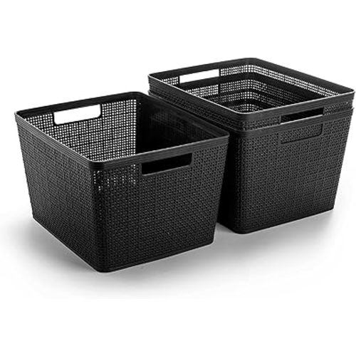 BINO | Woven Plastic Basket | Large (Black), 3-Pack | THE JUTE COLLECTION | Home Organization, Space - Saving Storage, Stylish Design | Jute Basket | Plastic Storage Basket