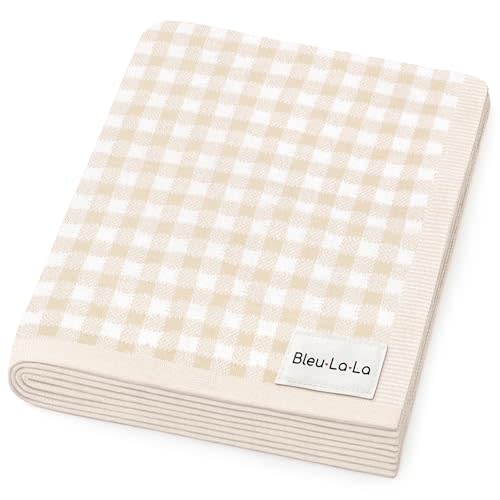 Bleu La La Checkered Baby Blanket Swaddle - 100% Soft Cotton Quilt Swaddling Stroller Blanket for Nursery Bed Shower Baby Gift Registry for Newborns Toddlers Boys & Girls (Plaid - Beige)