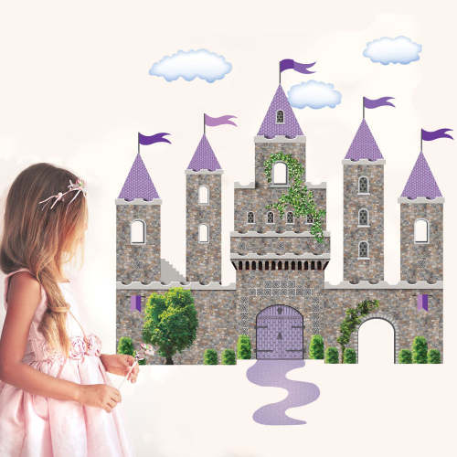 Purple Fairytale Princess Stone Castle Wall Decals with Turrets and Flags