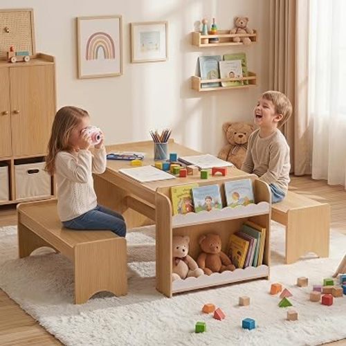 Kids Table and Bench Set, Montessori Kids Table and Chair Set, Indoor Wooden Toddler Activity Table with Bookshelves, 37”X22” Desktop, Children Desk for Home, Classroom, Boys, Girls (Natural)