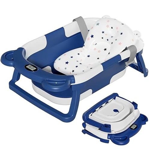 TPN Collapsible Baby Bathtub, Baby Bath Tub with Soft Cushion & Real-Time Thermometer, Baby Bathtub Infant to Toddler Tub (0-36 Months), Portable Newborn Travel Bath Tub