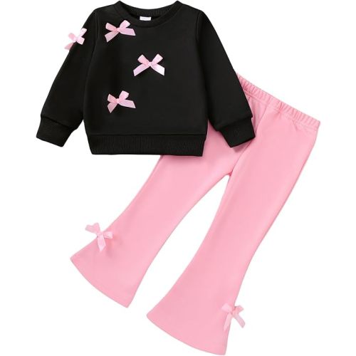 Kucnuzki Baby Girls Clothes Toddler Girl Clothes Floral Crewneck Sweatshirt and Flare Pants Fall Winter Outfits 6M-5T