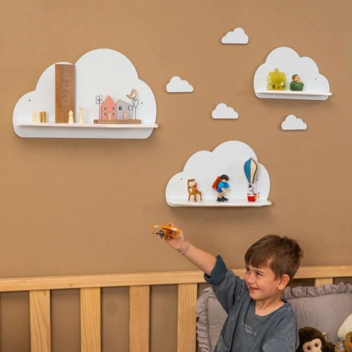 Cloud Wall Shelf Set, 7 Piece Wooden Nursery Shelves, Floating Cloud Bookshelf for Baby Room, Playroom Wall Decor Gift