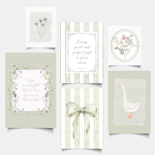 Set of 6 Christian Nursery Wall Art Sage Green Flower Bow Bible Verse Wall Decor Cute Goose Print Vintage Baby Girl Kids Canvas Posters for Children's Room Bedroom Home Decoration 8x10 in Unframed