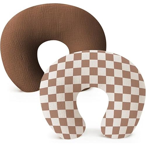 2 Pack Muslin Nursing Pillow Covers, Soft and Cute Nursing Covers for Breastfeeding Pillows, Ideal for Newborn Baby Boys and Girls(Checkboard, Brown)