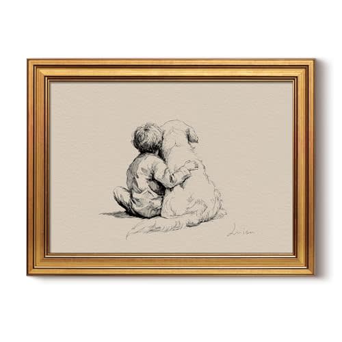InSimSea Vintage Gold Framed Canvas Wall Art Dog and Child Artwork 12x16 ln | Sketch Friendship Pet Artwork Dog Lover Decor Emotional Print Forever Friends Dog and Child Wall for Nursery Bedroom