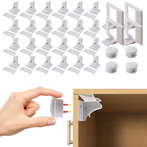 Childproof Magnetic Cabinet Locks - 24pc Set Toddler & Babyproof Drawer & Door Safety Latches - No Drill, Strong Adhesive, Hidden Design - Easy Install Cradle with Dual Locking Modes
