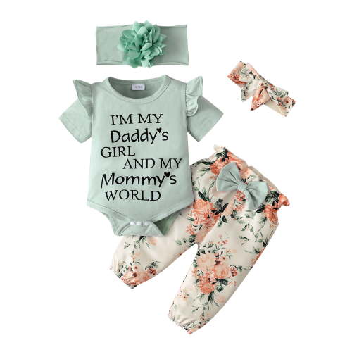 Kucnuzki Newborn Baby Girls Summer Clothes 0-3 Months Outfits Sets Ruffle Short Sleeves Romper Top Letter Print Top Bowknot Floral Pants Set with 2pcs Headbands 4pcs Green