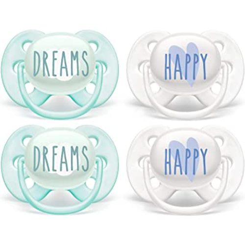 Philips AVENT Ultra Soft Pacifier 0-6 Months, Dreams and Happy Designs, 4 Pack, White/Green, SCF222/43