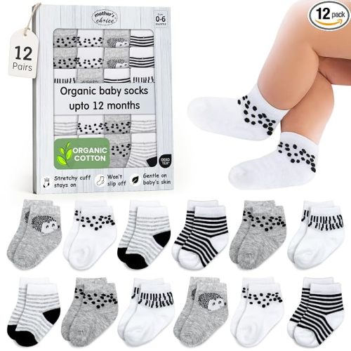 Mother's Choice Baby Socks 0-6 Months 12 Pairs Unisex Organic Cotton Blend Newborn Socks for Boys & Girls Stay-On Stretch Infant Socks OEKO-TEX Certified Baby Gift
