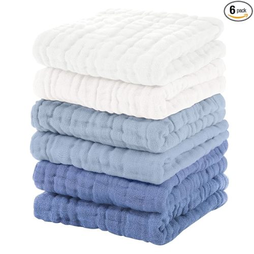 Muslin Burp Cloths Baby 12''X12'', Baby Washcloths 6 Pack, 100% Cotton Baby Wash Cloths Absorbent and Soft for Newborn Infants Kids Boys Girls - Gradient Blue
