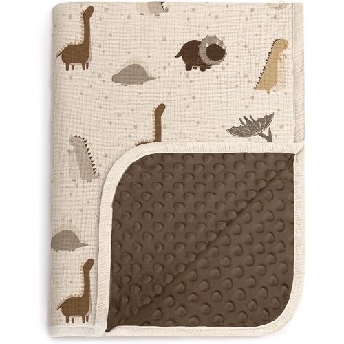 lulumoon Baby Blankets for Boys Newborn: Reversible Muslin & Minky Dinosaur Print - Thermal Receiving Blanket for Stroller & Registry Gift 30"x40"(Dinosaur)