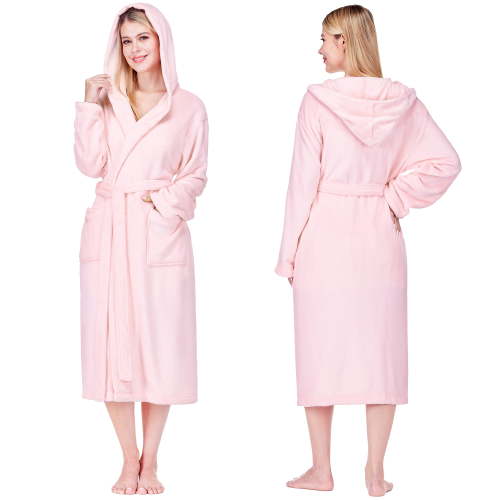PAVILIA Women’s Hooded Fleece Robe, Soft Plush Long Bathrobe with Hood, Lightweight Warm Cozy Spa Shower Housecoat, S/M, Pink
