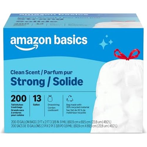 Amazon Basics Scented Trash Bags, Tall Kitchen Drawstring, Clean Fresh Scent, 13 Gallon, 200 Count, Pack of 1, Packaging May Vary