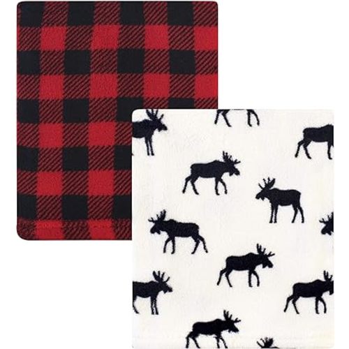 Hudson Baby Unisex Baby Silky Plush and Coral Fleece Blanket, Buffalo Plaid Moose, 30x36 inches