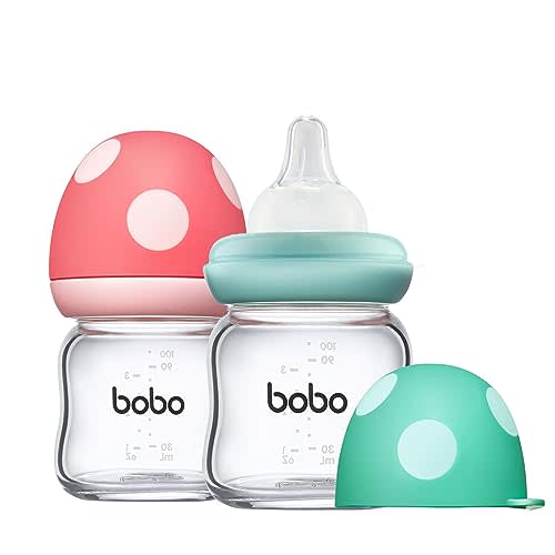 YOHKOH Natural Glass Baby Bottle with Level 1 Slow Flow Nipple, Newborn Anti-Colic Baby Bottles, Wide Neck Mushroom Baby Glass Bottle (3.4oz (Pack of 2), Multicolour)