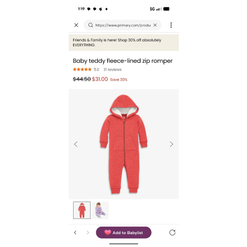 Baby teddy fleece-lined zip romper | Primary.com