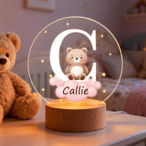 Personalized Fantasy Star Cloud Cute Forest Animal Initial Name LED Night Light with Wooden Base Nursery Decor Birthday Baby Shower Gift